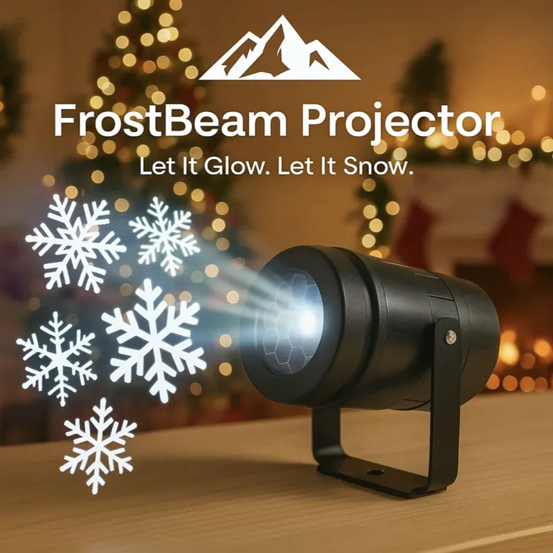 FrostBeam Projector in black projecting snowflakes indoors with warm holiday lights and cozy Christmas decor background