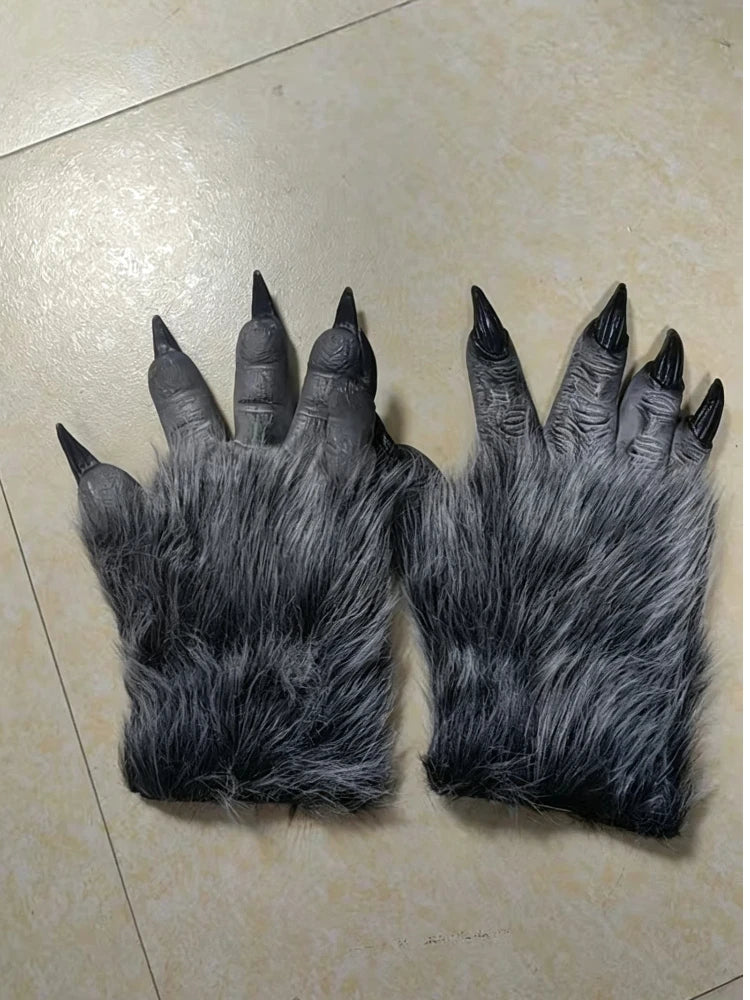 Full-Body Werewolf Costume pair of gray clawed gloves laid flat, showing long black nails and shaggy cuffs