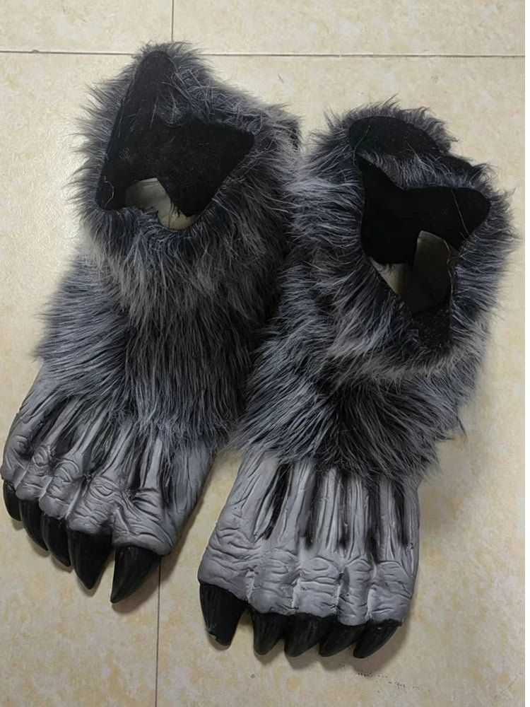 Full-Body Werewolf Costume foot covers at an angle, showing their open tops, gray texture, and curved claws