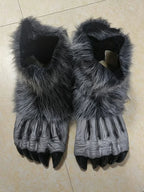Full-Body Werewolf Costume pair of gray foot covers viewed from above, with black claws and furry cuffs