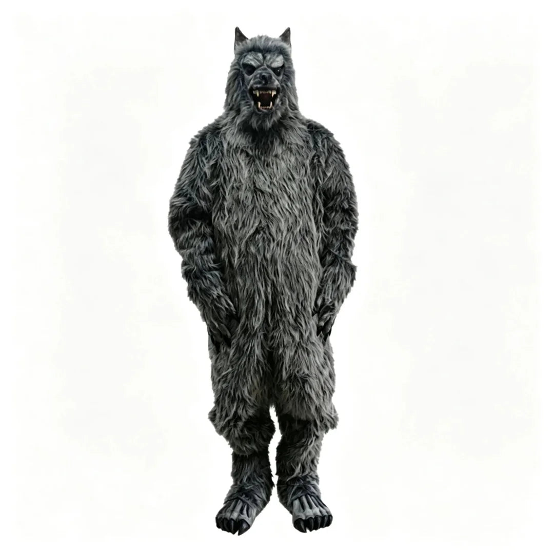 Full-Body Werewolf Costume in gray, showing the complete front view with wolf head and clawed feet