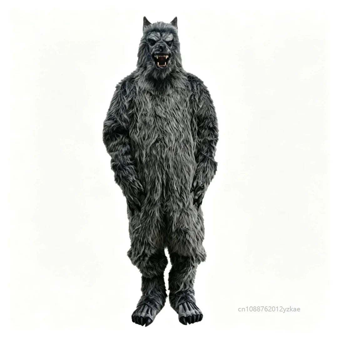 Full-Body Werewolf Costume front view on white, with pointed ears, a snarling face, and claw details