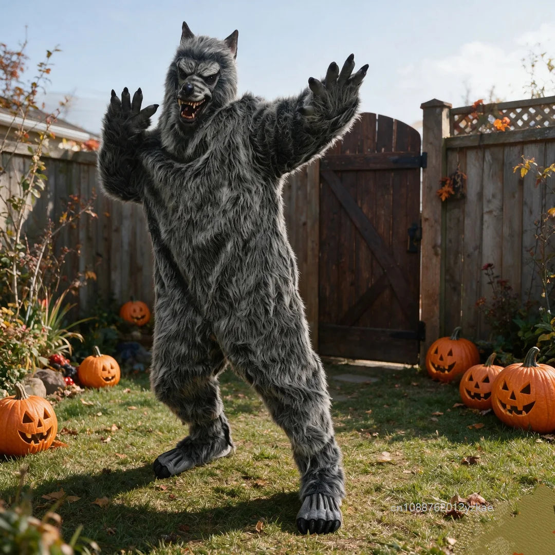 Full-Body Werewolf Costume posed with raised claws in a garden decorated with Halloween pumpkins