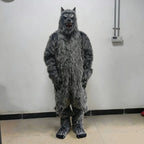 Full-Body Werewolf Costume worn facing forward indoors, showing shaggy gray texture from head to feet