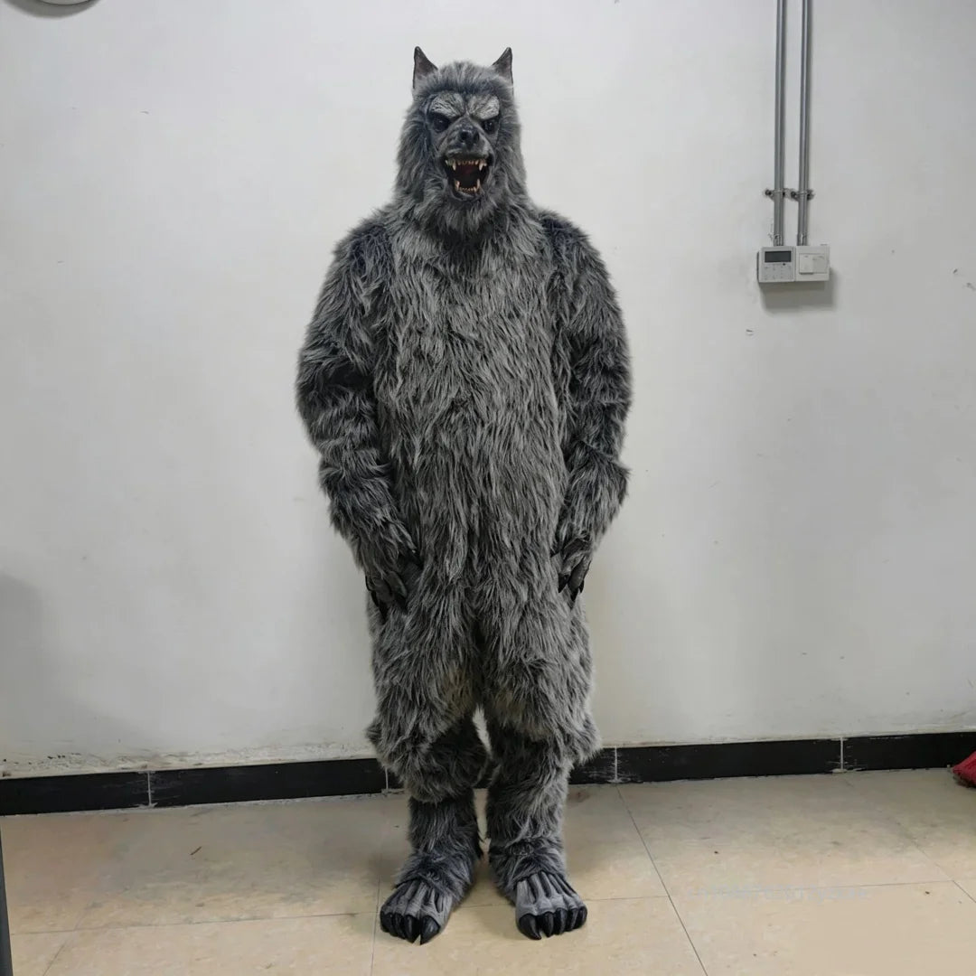 Full-Body Werewolf Costume worn facing forward indoors, showing shaggy gray texture from head to feet