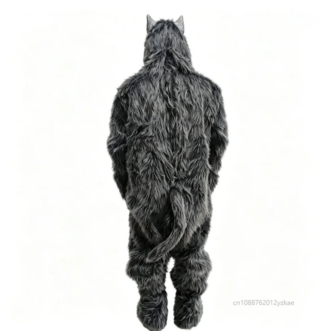 Full-Body Werewolf Costume back view, showing the gray shaggy jumpsuit, wolf head, and long tail