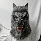 Full-Body Werewolf Costume headpiece facing forward, with a textured muzzle, pointed ears, and fangs