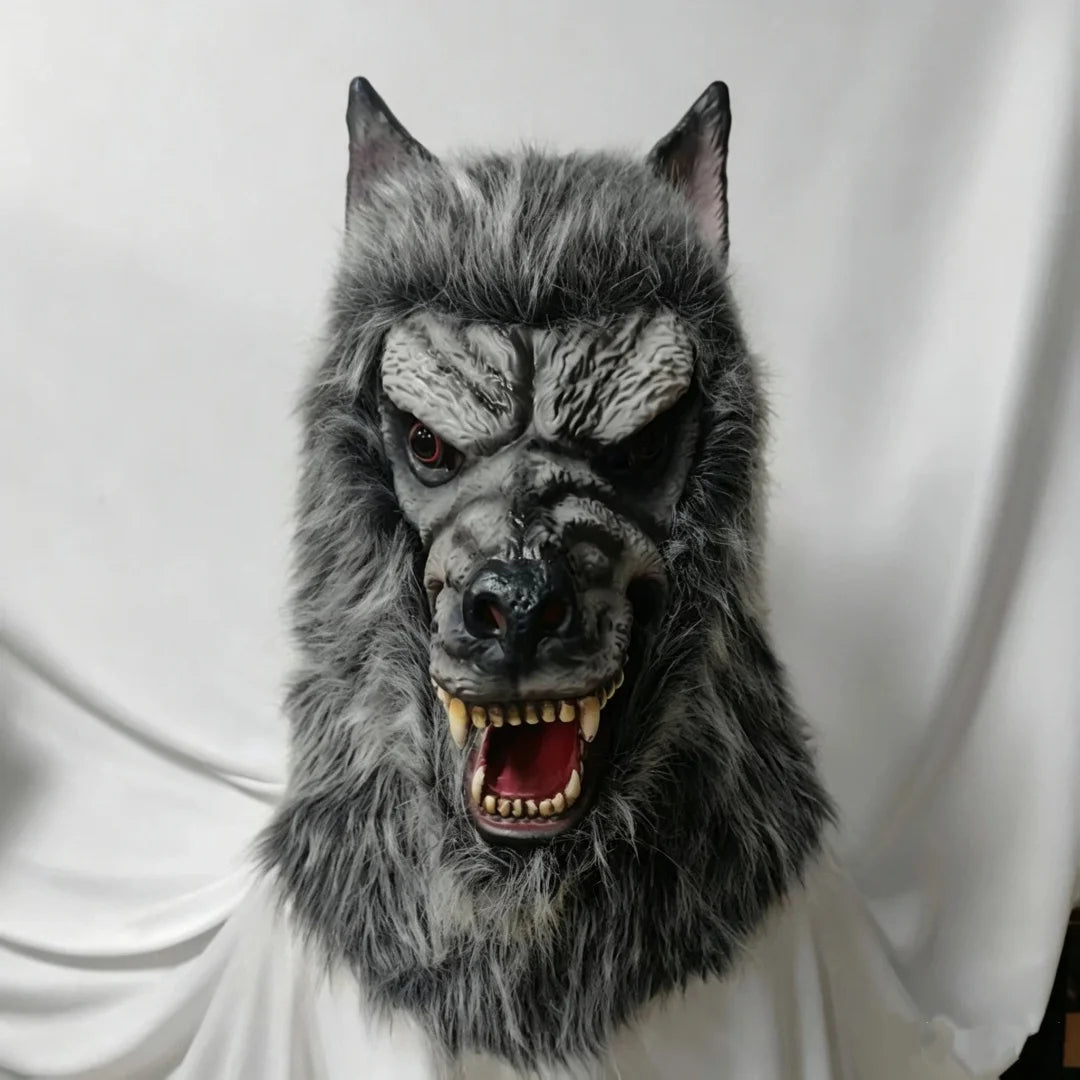 Full-Body Werewolf Costume headpiece facing forward, with a textured muzzle, pointed ears, and fangs