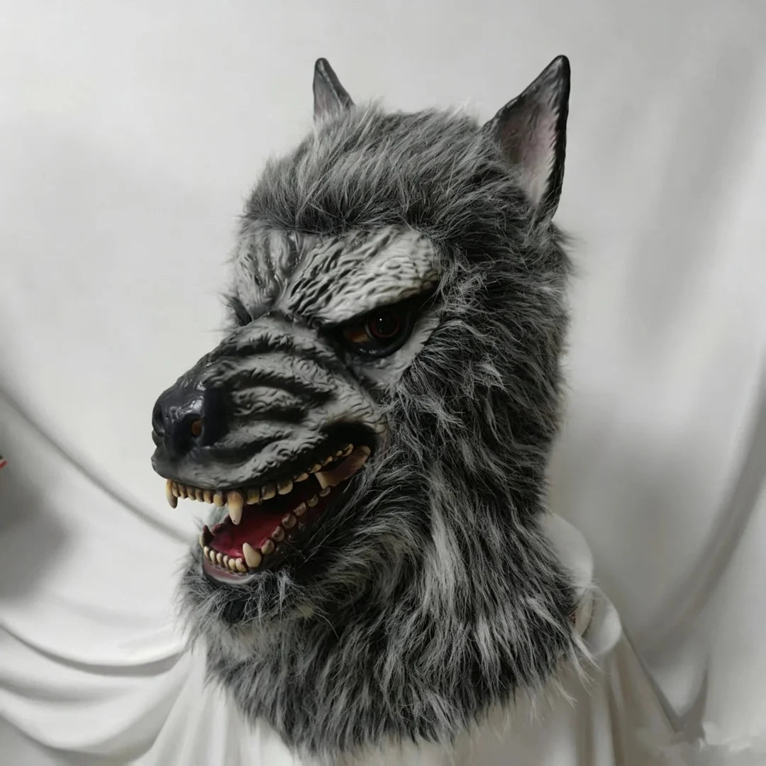 Full-Body Werewolf Costume headpiece close-up from the left, showing pointed ears, gray hair, and teeth