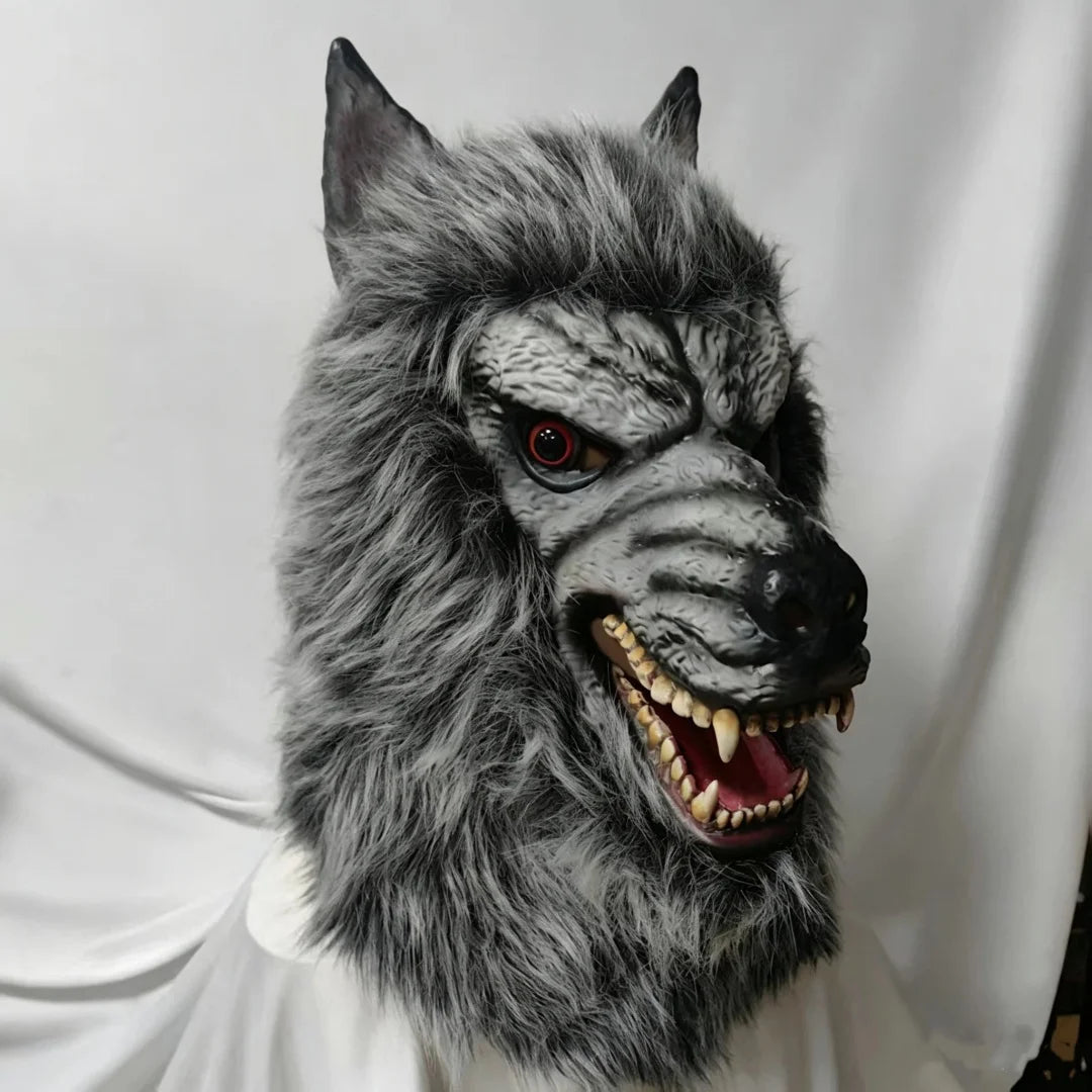 Full-Body Werewolf Costume headpiece close-up from the right, showing the red-rimmed eye and open snarl