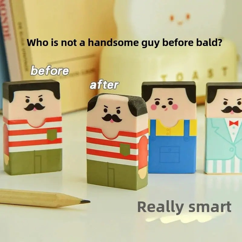 Funny Balding Man Erasers: Striped-shirt character before and after use, with other erasers on a desk.