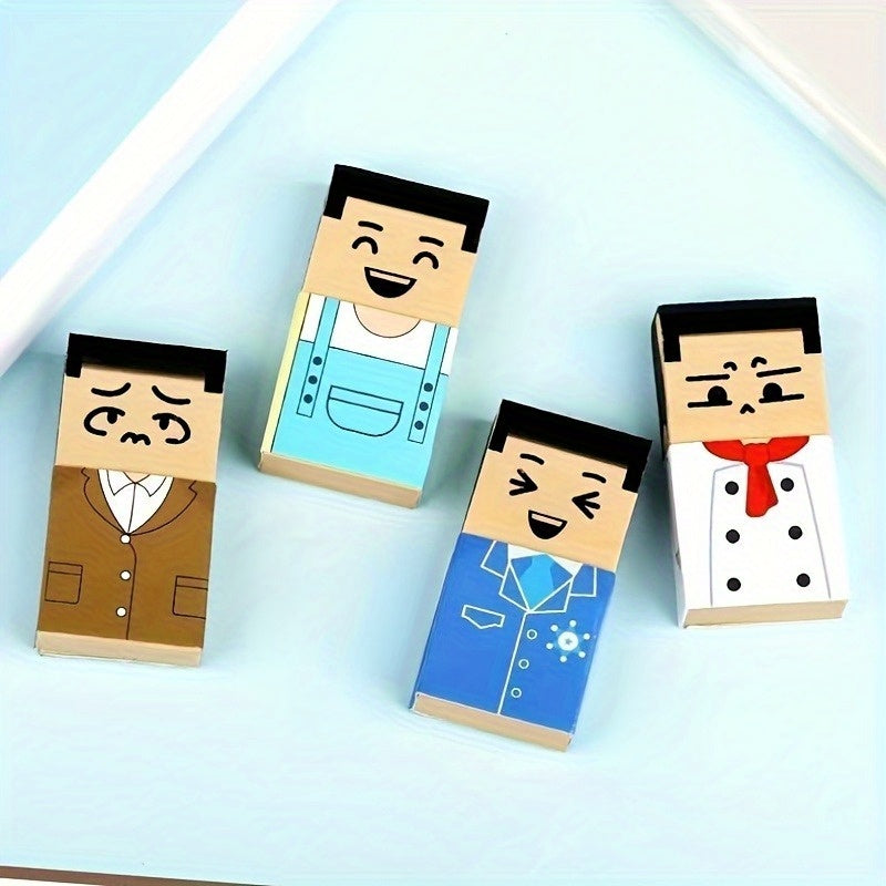 Funny Balding Man Erasers: Four example designs with suits, overalls, and a chef outfit on a pale blue surface.