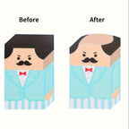 Funny Balding Man Erasers: Mint-suit character before use and with a rounded balding head after use.