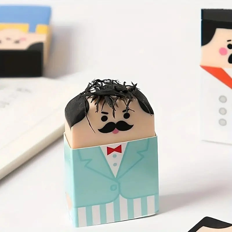 Funny Balding Man Erasers: Mint-suit character with a rounded head and black eraser shavings on top.