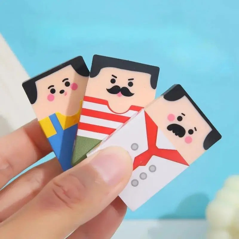 Funny Balding Man Erasers: Three characters held together: blue overalls, a striped shirt, and a chef outfit.