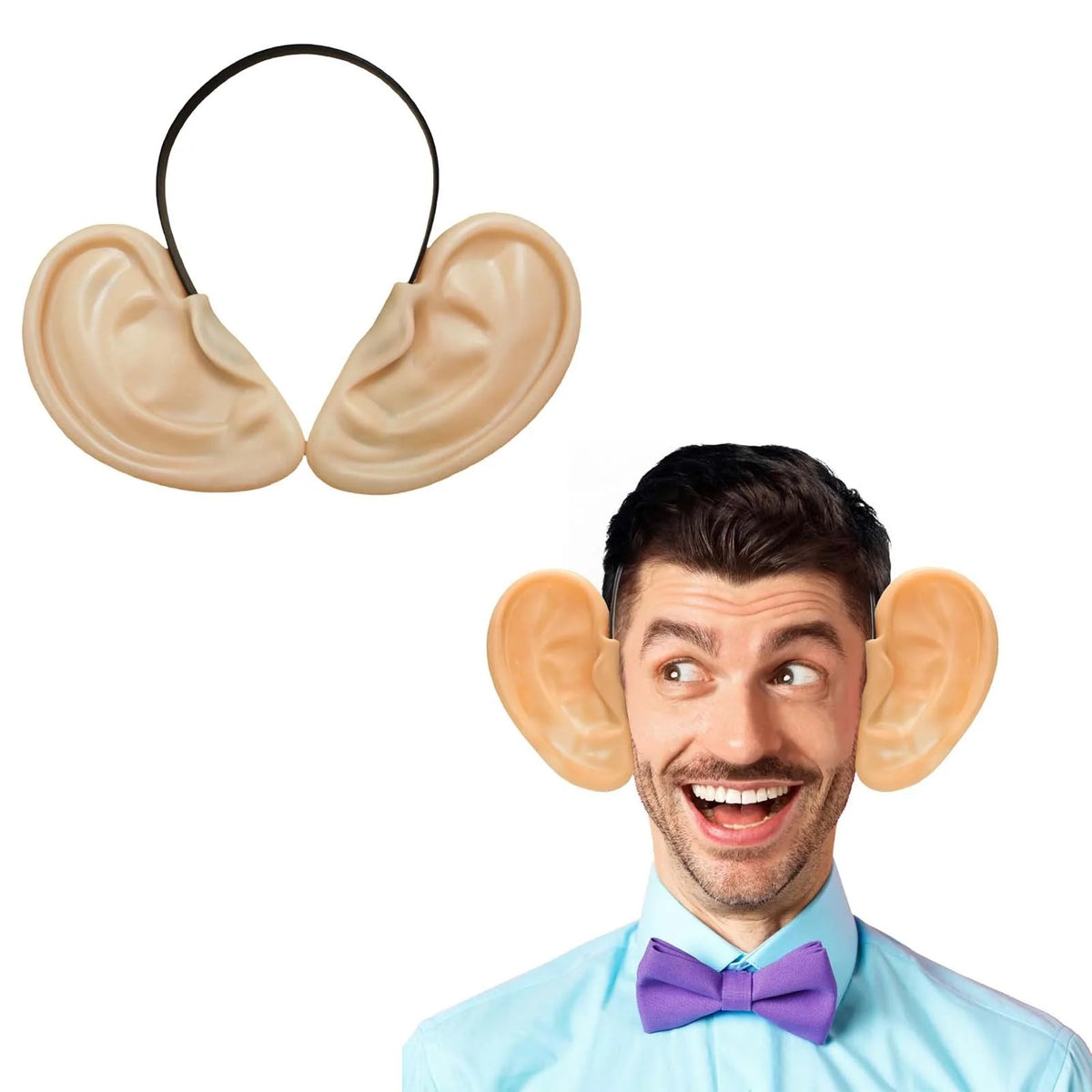 Funny Big Ears Headband shown alone and worn by a smiling man with a purple bow tie