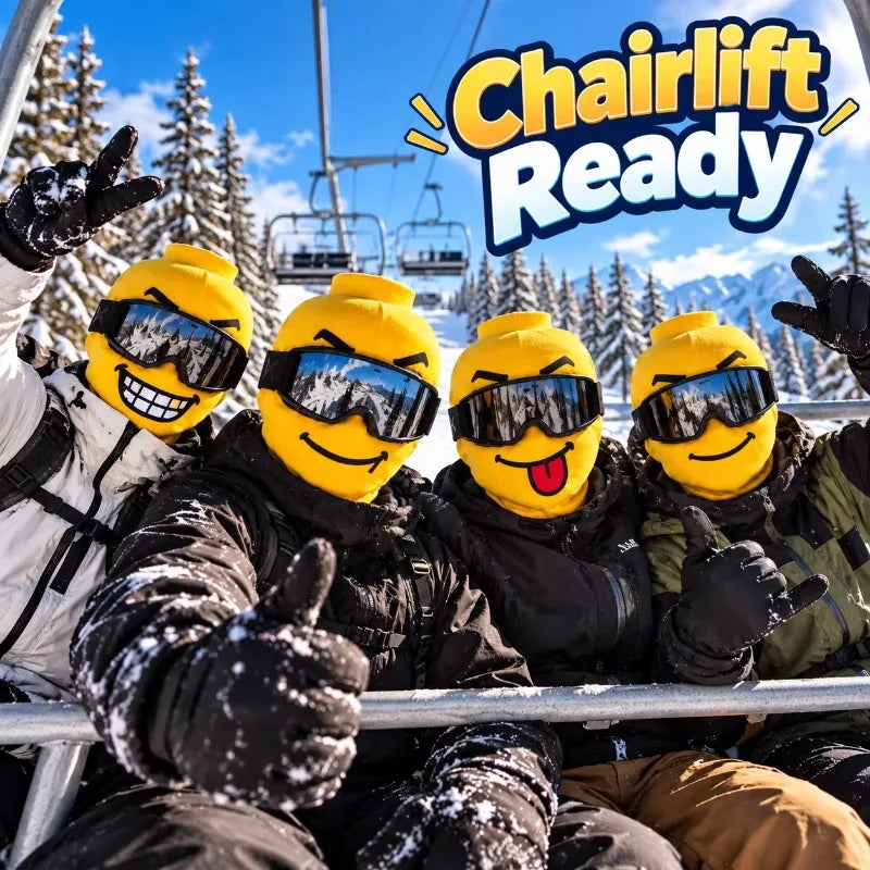 Four friends wearing yellow Funny Brickhead Ski Masks and ski goggles together on a chairlift