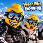 Close-up of gold-toothed and tongue-out Funny Brickhead Ski Masks worn with ski goggles