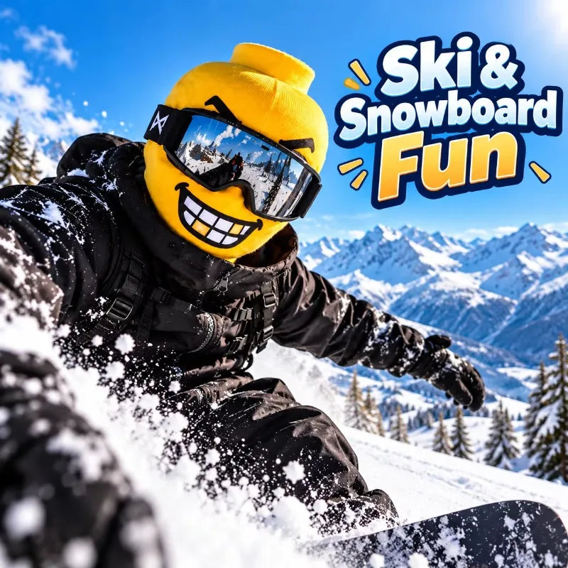 Snowboarder wearing a gold-toothed Funny Brickhead Ski Mask while riding through snow