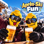 Two friends in tongue-out and simple-smile Funny Brickhead Ski Masks holding drinks at a snowy lodge