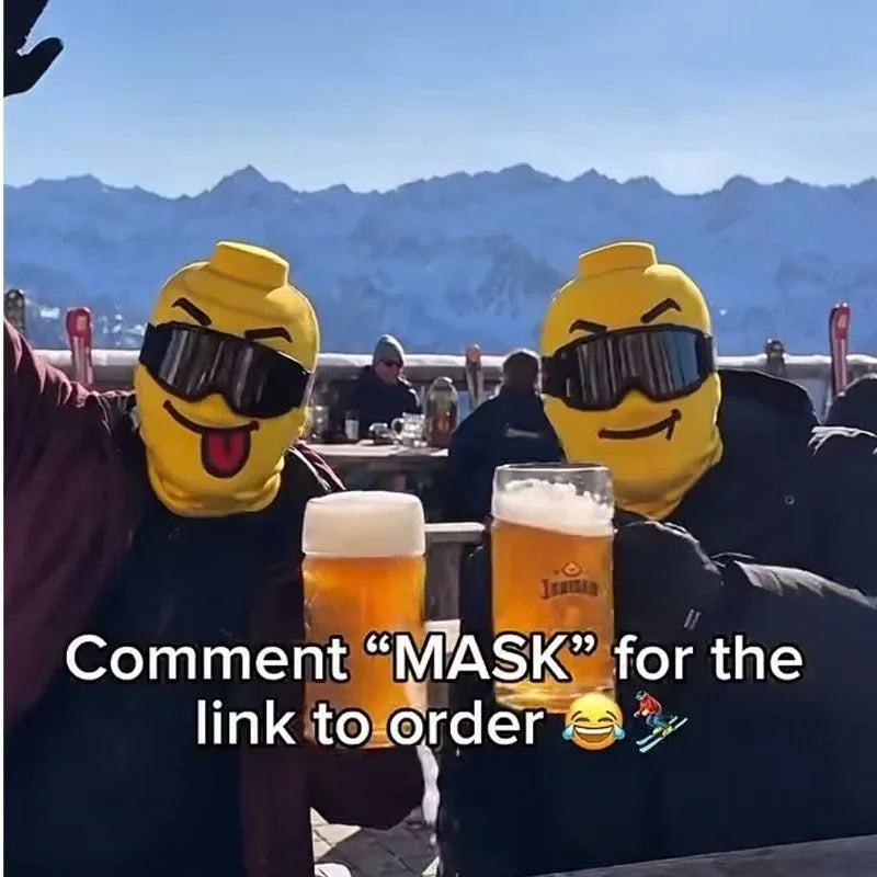 Portrait of friends in tongue-out and simple-smile Funny Brickhead Ski Masks holding drinks at a lodge