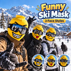 Three friends wearing yellow Funny Brickhead Ski Masks in a mountain selfie with expression examples below