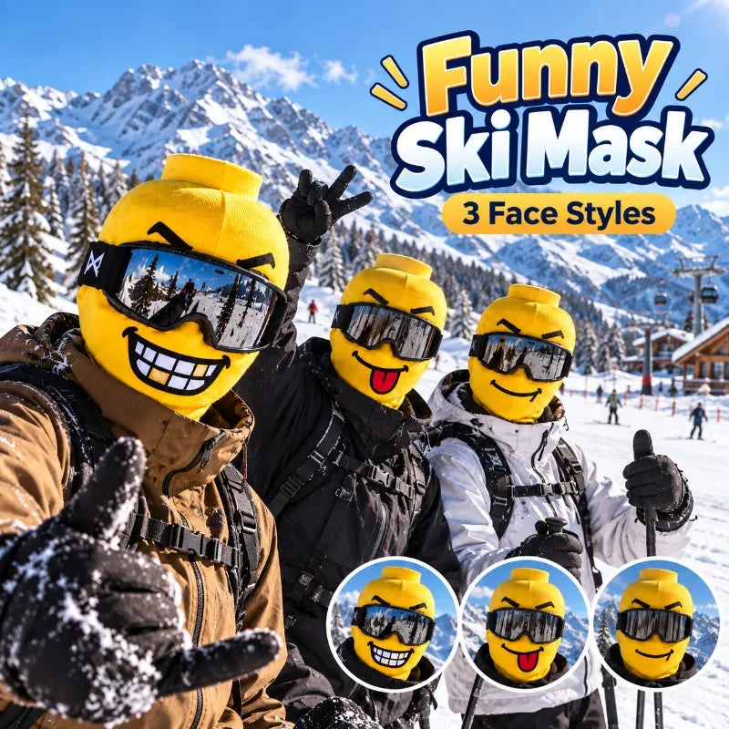 Three friends wearing yellow Funny Brickhead Ski Masks in a mountain selfie with expression examples below