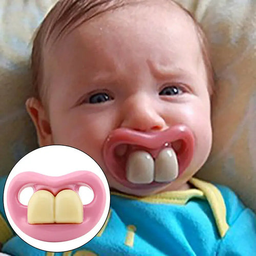 Funny Buck Teeth Pacifier worn by a baby, with an inset showing the pink shield and oversized cream teeth.