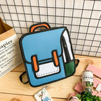 Funny Cartoon Backpack in blue shown from a front three-quarter angle on a wooden tabletop