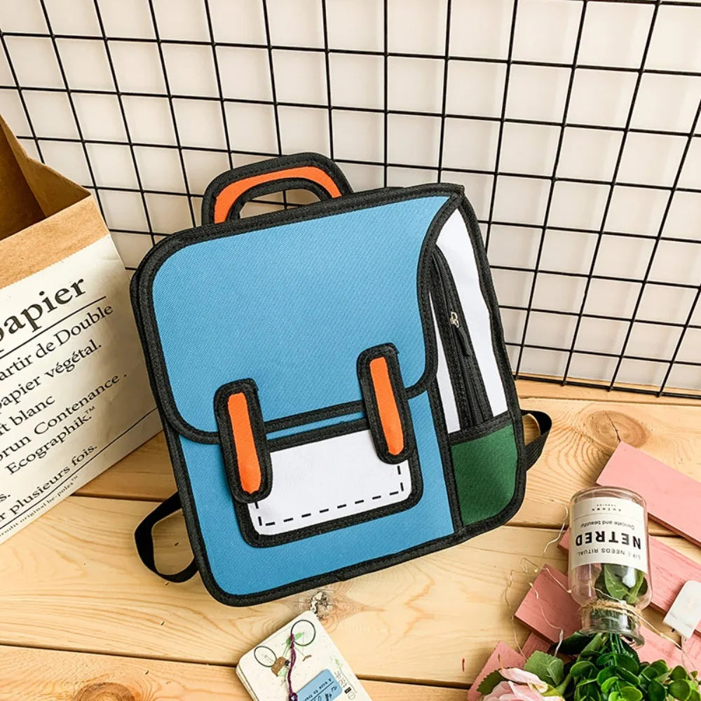 Funny Cartoon Backpack in blue shown from a front three-quarter angle on a wooden tabletop