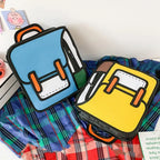 Funny Cartoon Backpack blue and yellow color options displayed together on plaid fabric