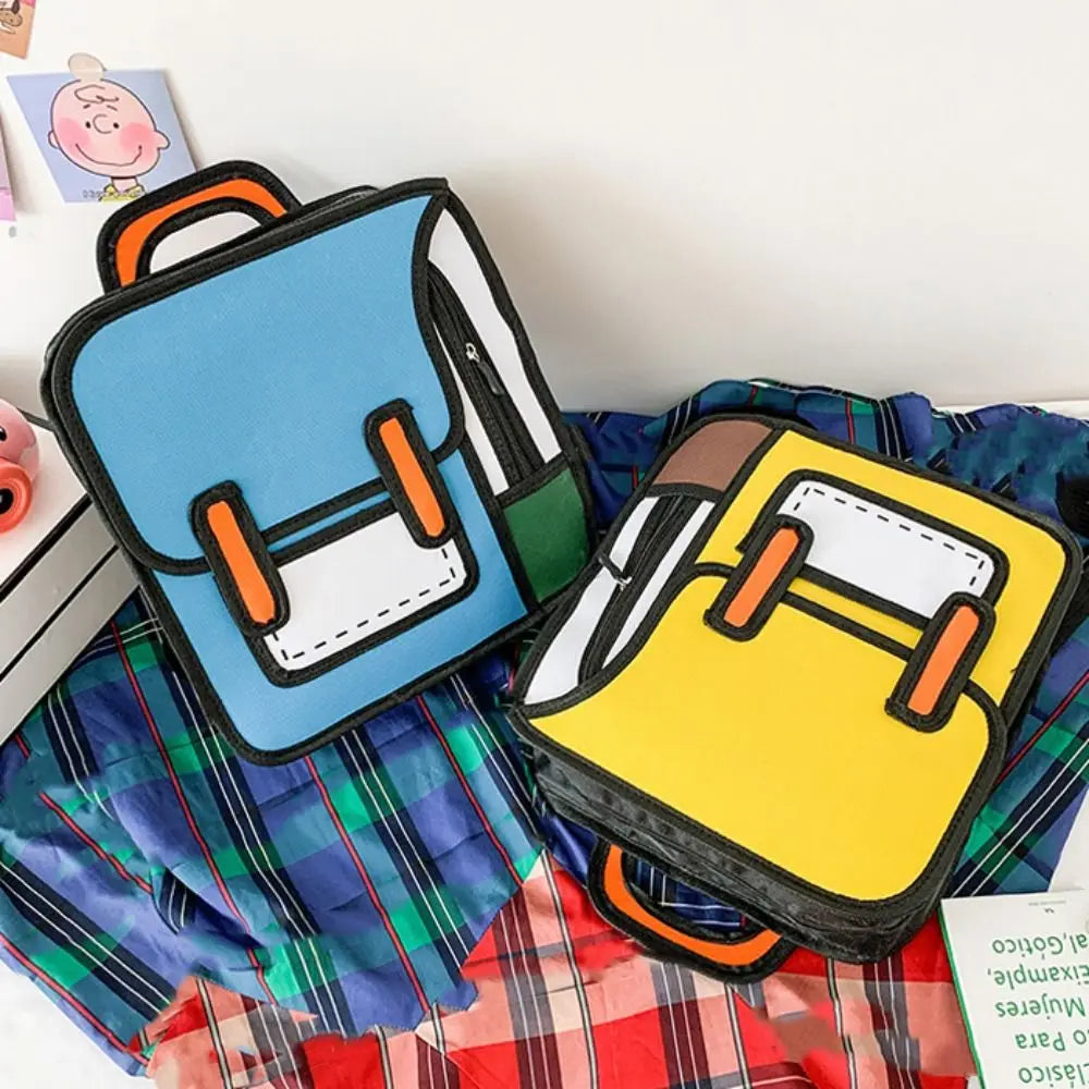 Funny Cartoon Backpack blue and yellow color options displayed together on plaid fabric