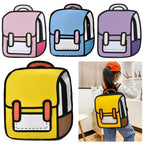Funny Cartoon Backpack collage with pink blue purple and yellow options plus a child wearing yellow