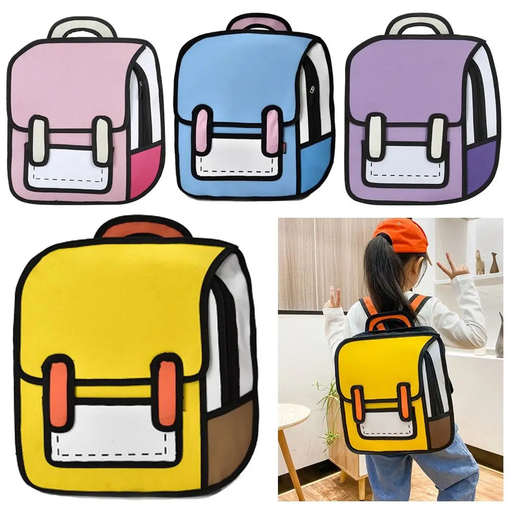 Funny Cartoon Backpack collage with pink blue purple and yellow options plus a child wearing yellow