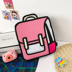Funny Cartoon Backpack in pink displayed with playful desk accessories