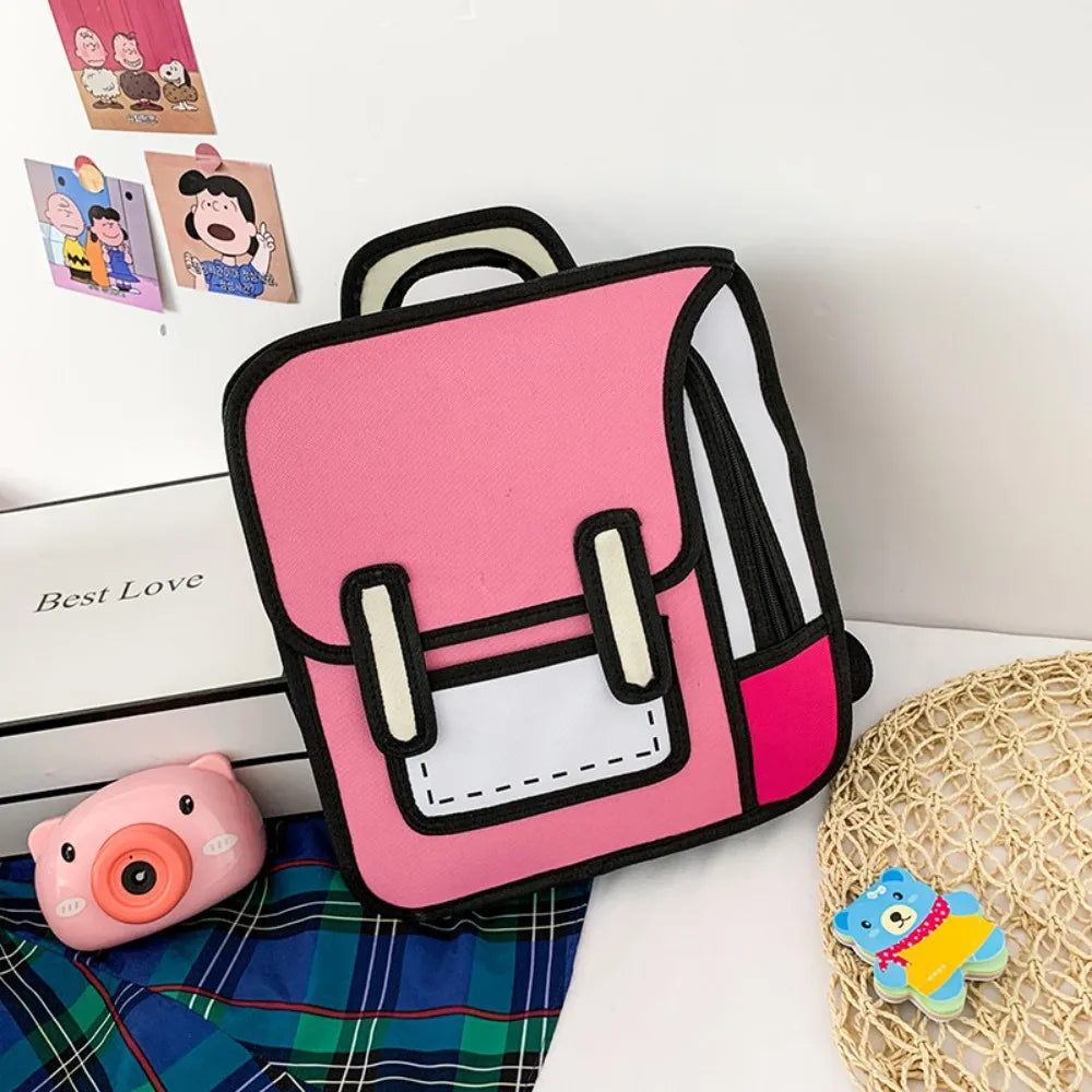 Funny Cartoon Backpack in pink displayed with playful desk accessories