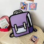 Funny Cartoon Backpack in purple shown from a front three-quarter angle on a woven tabletop