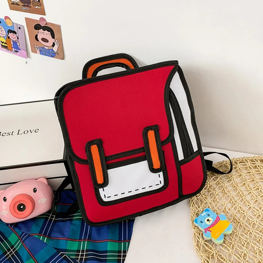 Funny Cartoon Backpack in red displayed with colorful playful accessories