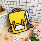 Funny Cartoon Backpack in yellow shown from a front three-quarter angle on a wooden tabletop