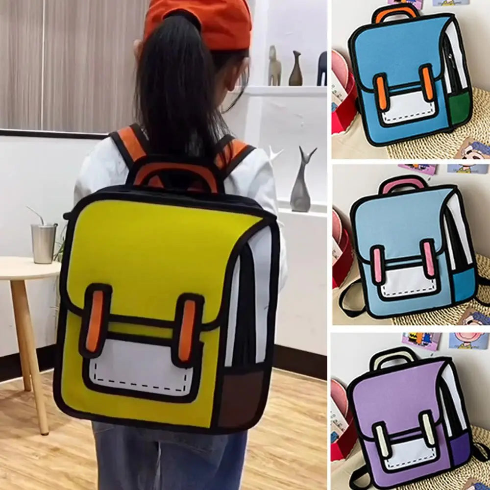Funny Cartoon Backpack collage with yellow worn by a child and blue pink and purple front views