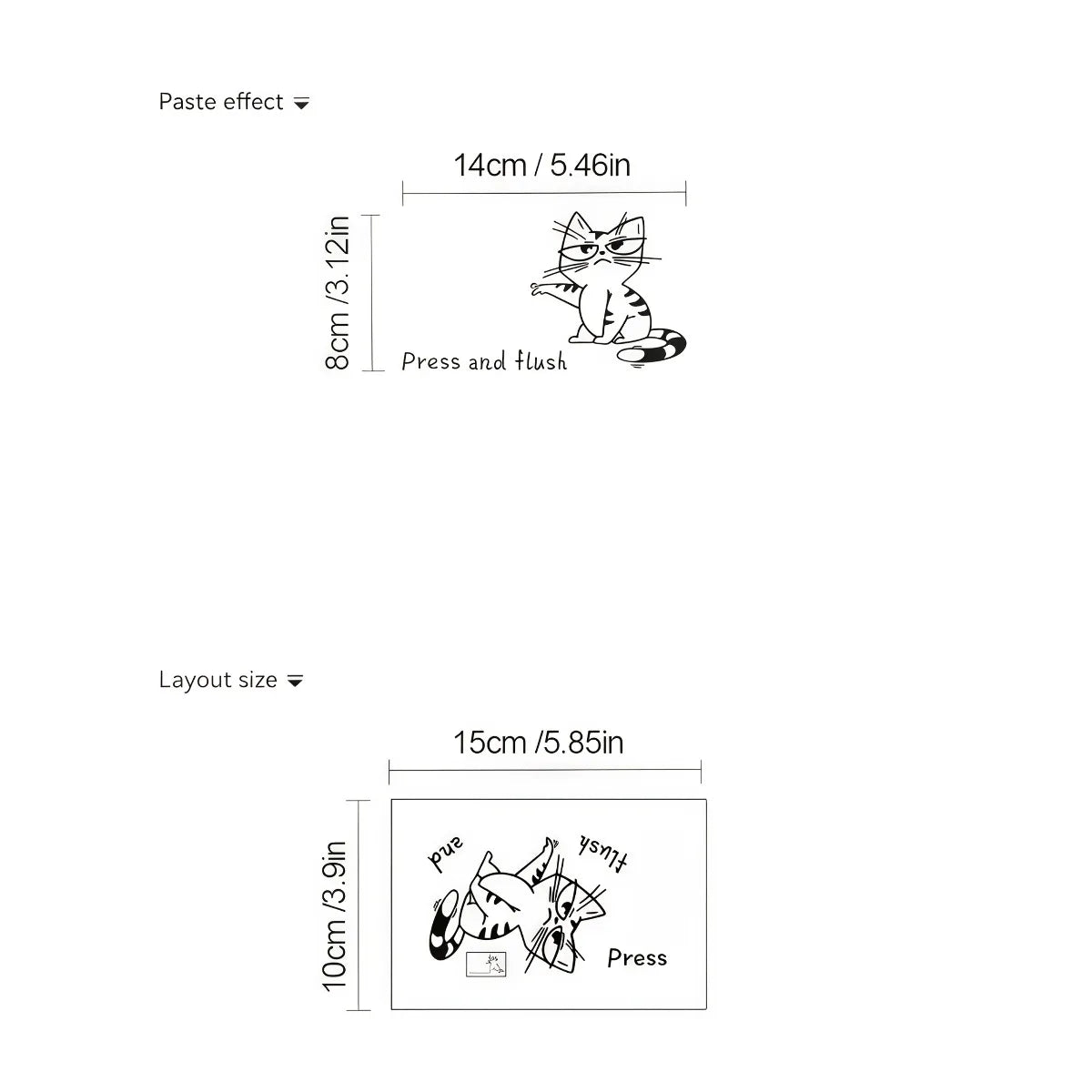 Funny Cat Toilet Sticker application layout showing the separate cat and Press and flush pieces