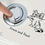 Funny Cat Toilet Sticker beside a chrome dual-flush button with the words Press and flush