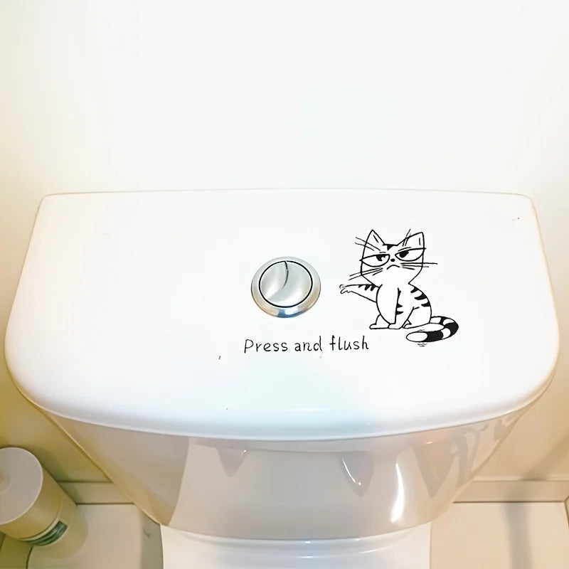 Funny Cat Toilet Sticker installed neatly on a white toilet tank beneath a round flush button