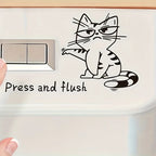 Funny Cat Toilet Sticker applied beside a rectangular toilet flush button in black outline