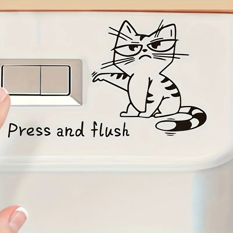 Funny Cat Toilet Sticker applied beside a rectangular toilet flush button in black outline
