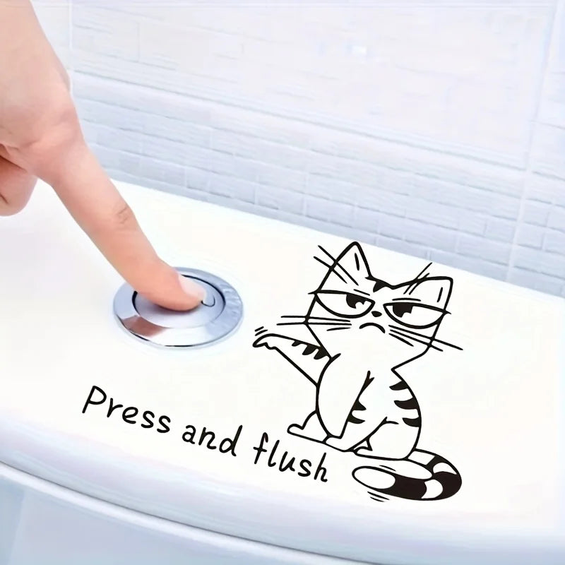 Funny Cat Toilet Sticker applied on a white toilet lid beside a round chrome flush button