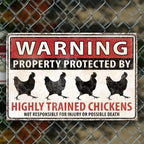 Funny Chicken Warning Sign displayed on fencing with distressed red, black, and cream lettering