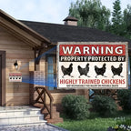 Funny Chicken Warning Sign porch display example with an enlarged view of the vintage-style design