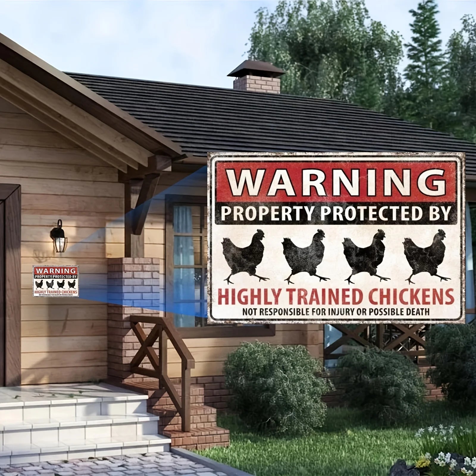 Funny Chicken Warning Sign porch display example with an enlarged view of the vintage-style design