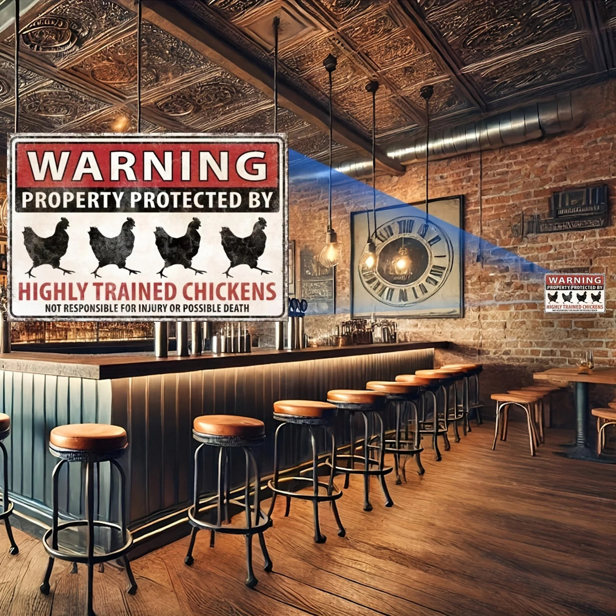 Funny Chicken Warning Sign in a rustic bar setting with a magnified view of the chicken artwork